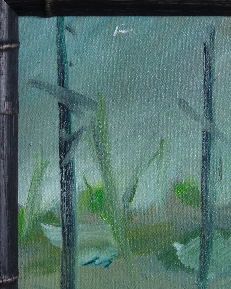 Impressionist River Market Vendors Painting in Black Bamboo Frame, 1970's - Lone Fox