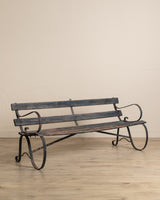 Iron & Wood Slat Park Bench in Aged Teal Paint, 1920's - Lone Fox
