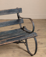 Iron & Wood Slat Park Bench in Aged Teal Paint, 1920's - Lone Fox