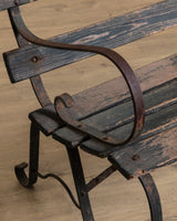 Iron & Wood Slat Park Bench in Aged Teal Paint, 1920's - Lone Fox