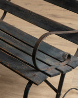 Iron & Wood Slat Park Bench in Aged Teal Paint, 1920's - Lone Fox