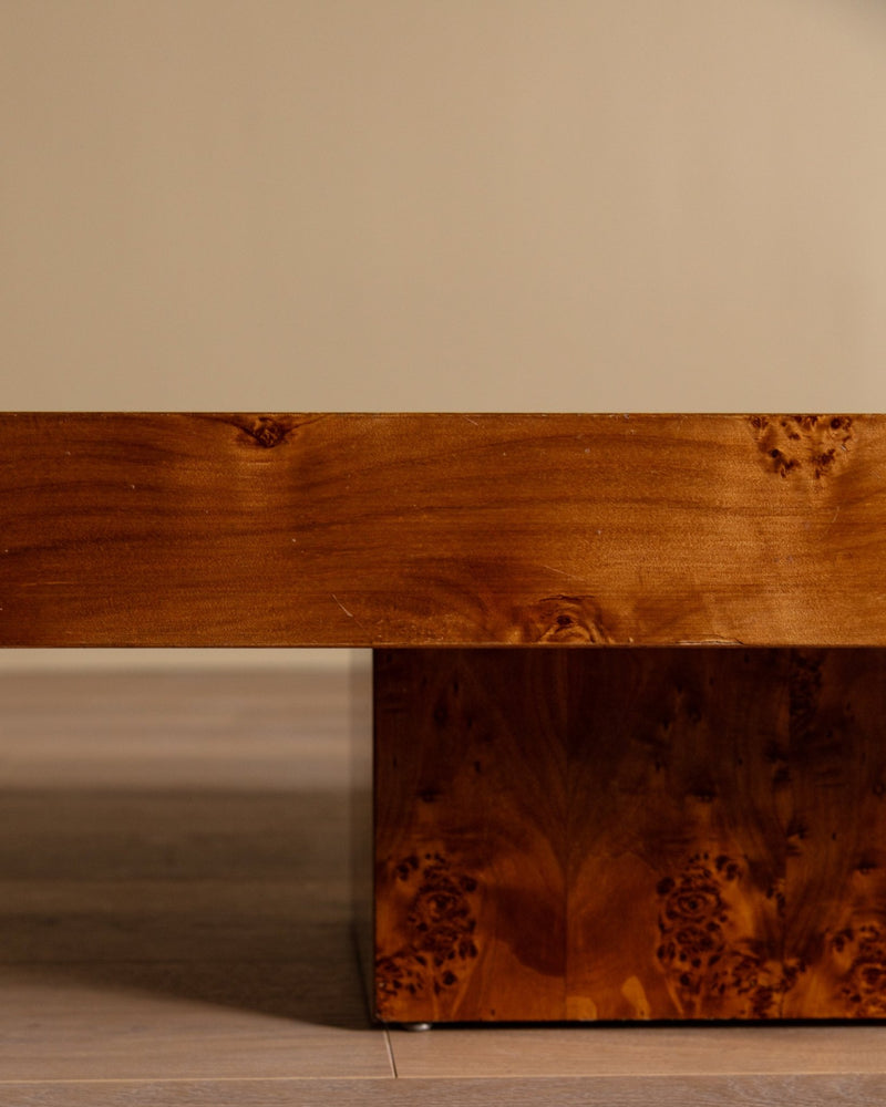 Italian Burl Wood Coffee Table w/ Plinth Base , 1970's - Lone Fox