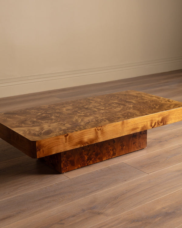 Italian Burl Wood Coffee Table w/ Plinth Base , 1970's - Lone Fox