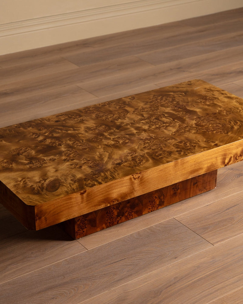 Italian Burl Wood Coffee Table w/ Plinth Base , 1970's - Lone Fox