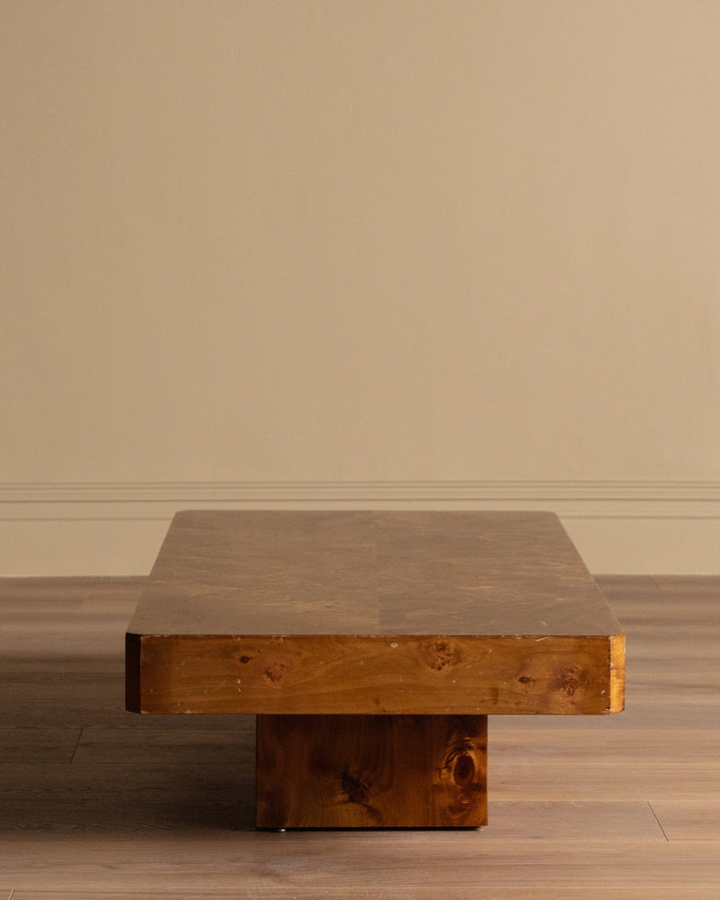 Italian Burl Wood Coffee Table w/ Plinth Base , 1970's - Lone Fox