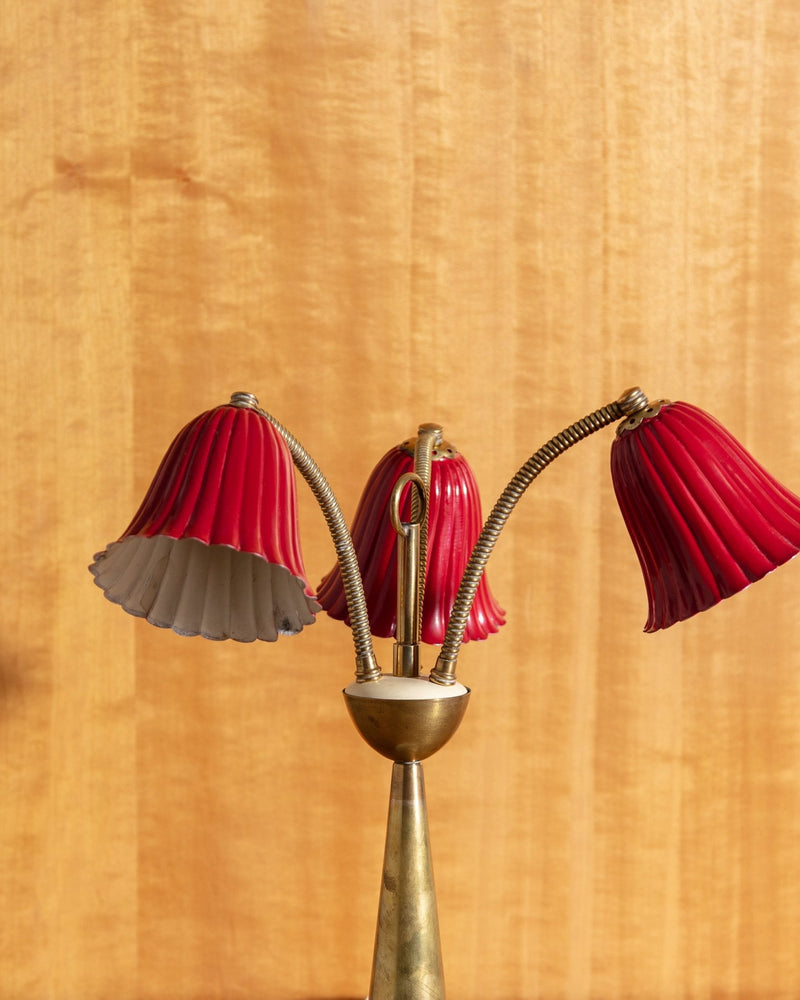Italian Marble & Brass Table Lamp w/ Red Fluted Shade, Italy, 1960's - Lone Fox