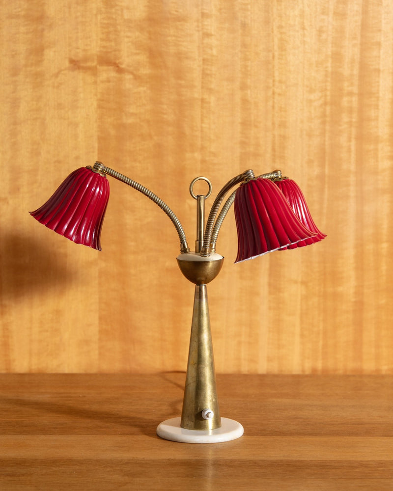 Italian Marble & Brass Table Lamp w/ Red Fluted Shade, Italy, 1960's - Lone Fox