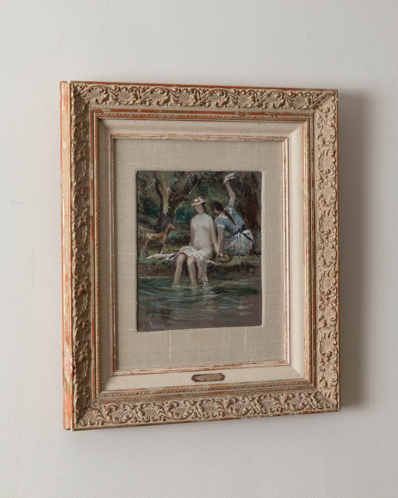 Italian Tranquil Figures by the River Oil Painting from 1920 - Lone Fox