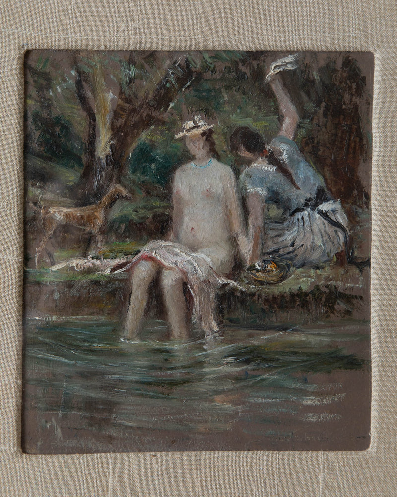 Italian Tranquil Figures by the River Oil Painting from 1920 - Lone Fox