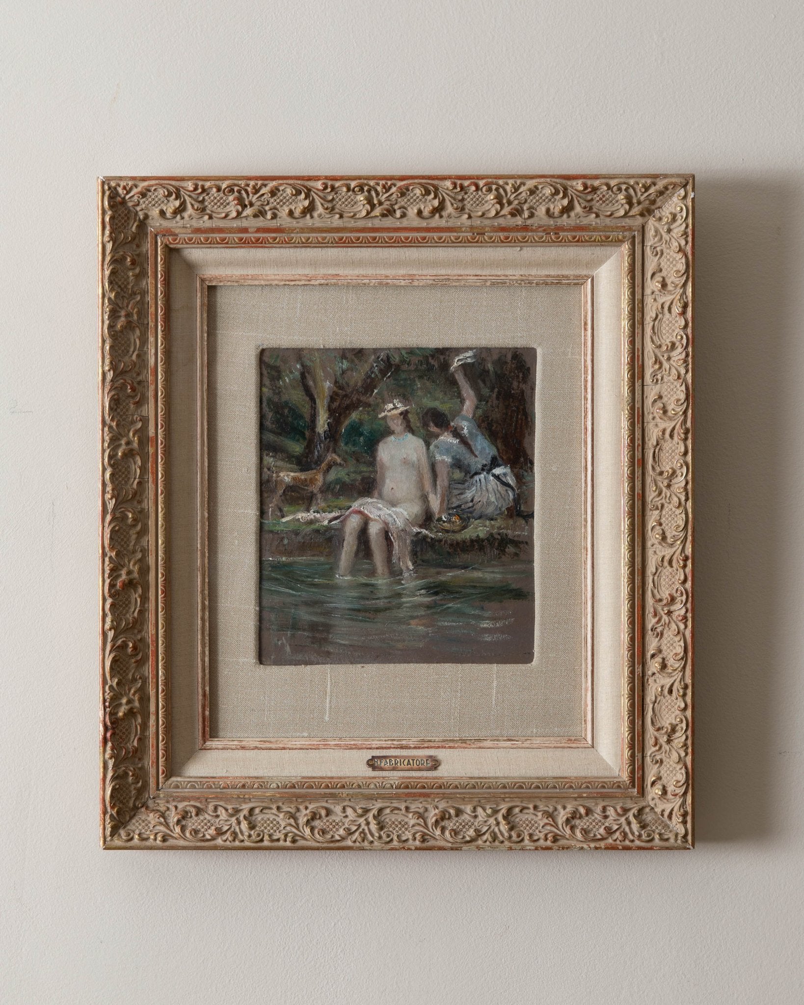 Italian Tranquil Figures by the River Oil Painting from 1920 - Lone Fox