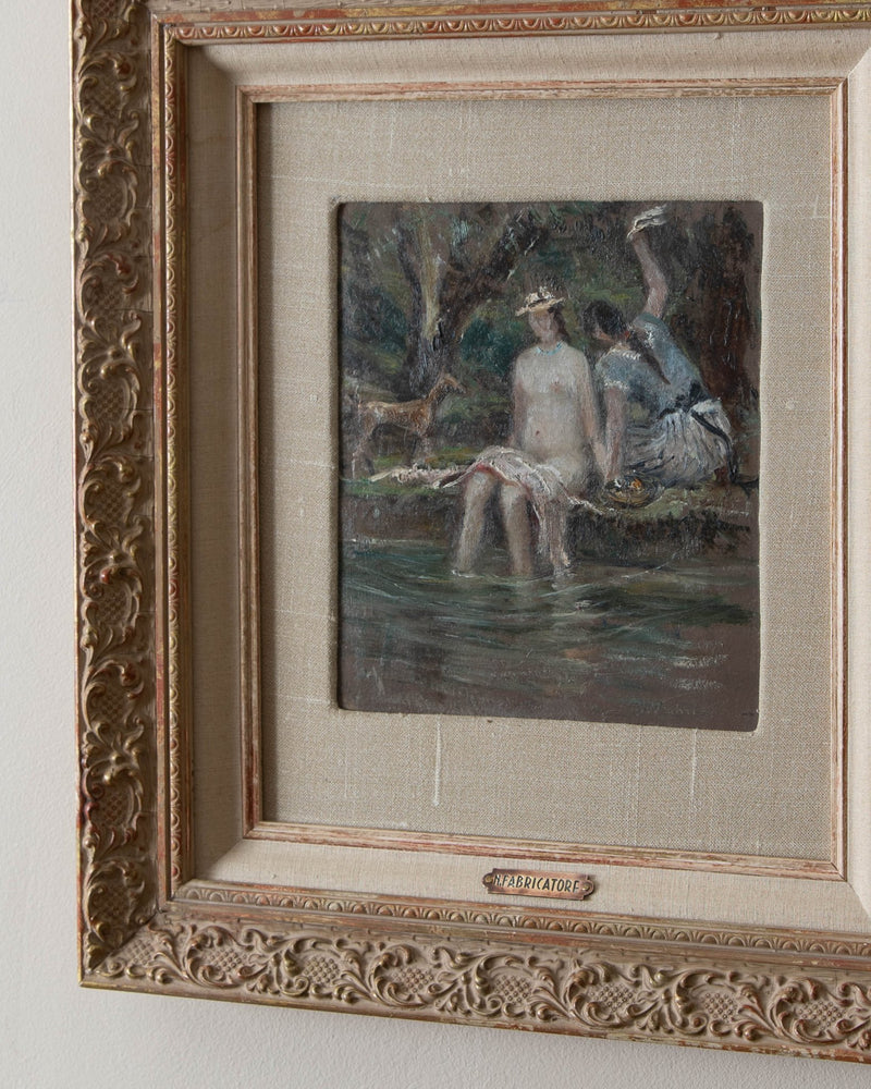 Italian Tranquil Figures by the River Oil Painting from 1920 - Lone Fox