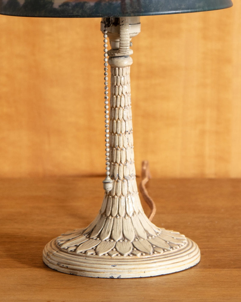 Ivory Enameled Lamp w/ Reverse Hand Painted Shade, 1930's - Lone Fox
