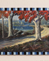 Lake Landscape Oil Painting in Blue Check Frame - Lone Fox