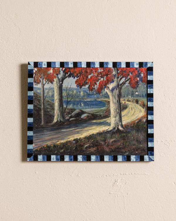 Lake Landscape Oil Painting in Blue Check Frame - Lone Fox