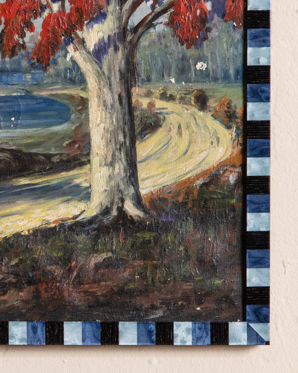 Lake Landscape Oil Painting in Blue Check Frame - Lone Fox