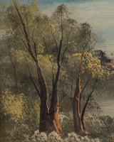 Lakeside Landscape with Trees Oil Painting, Early 1900s - Lone Fox