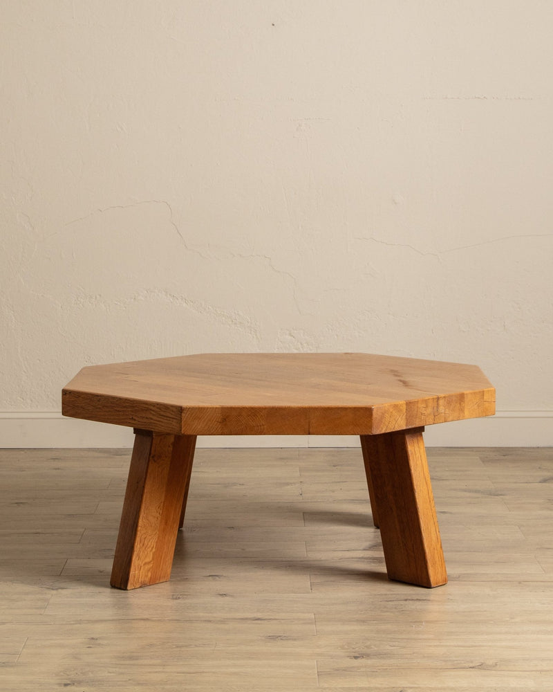 Large Brutalist Oak Octagonal Coffee Table w/ Slab Top, France, 1960's - Lone Fox