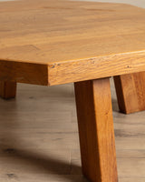 Large Brutalist Oak Octagonal Coffee Table w/ Slab Top, France, 1960's - Lone Fox