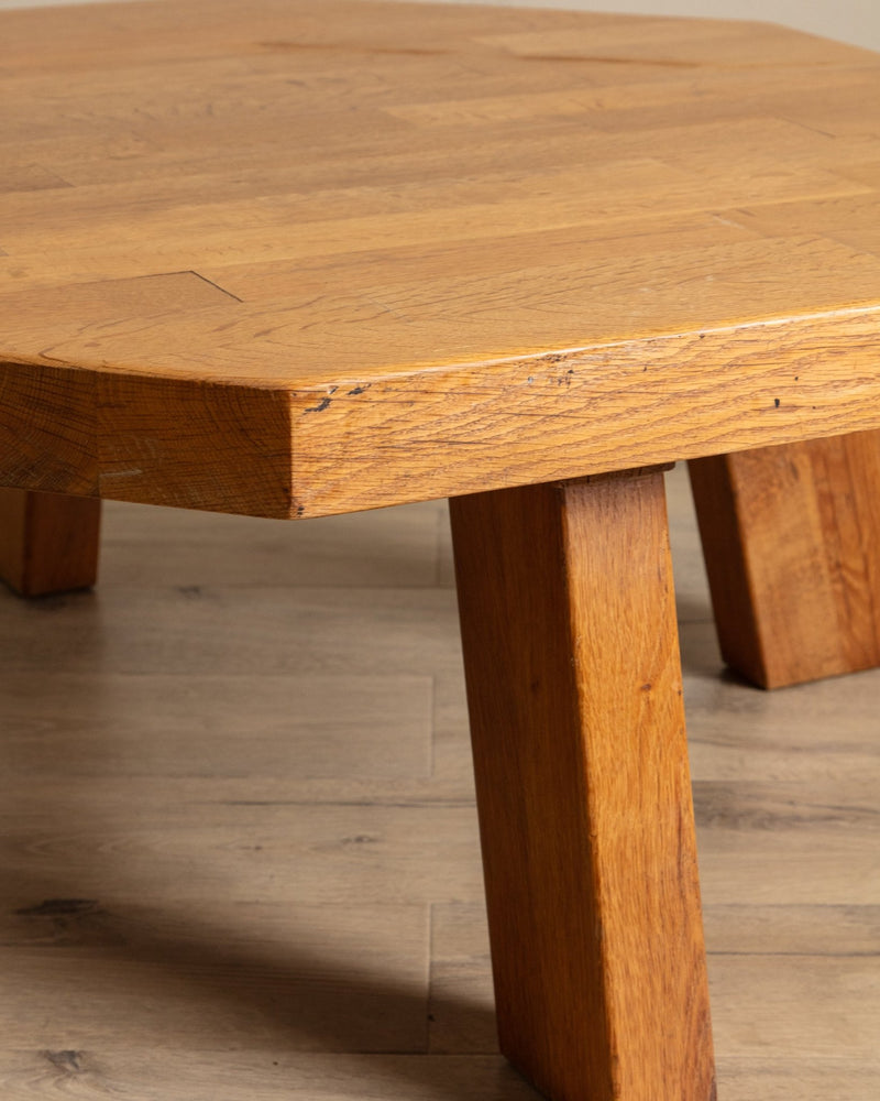 Large Brutalist Oak Octagonal Coffee Table w/ Slab Top, France, 1960's - Lone Fox
