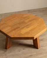 Large Brutalist Oak Octagonal Coffee Table w/ Slab Top, France, 1960's - Lone Fox