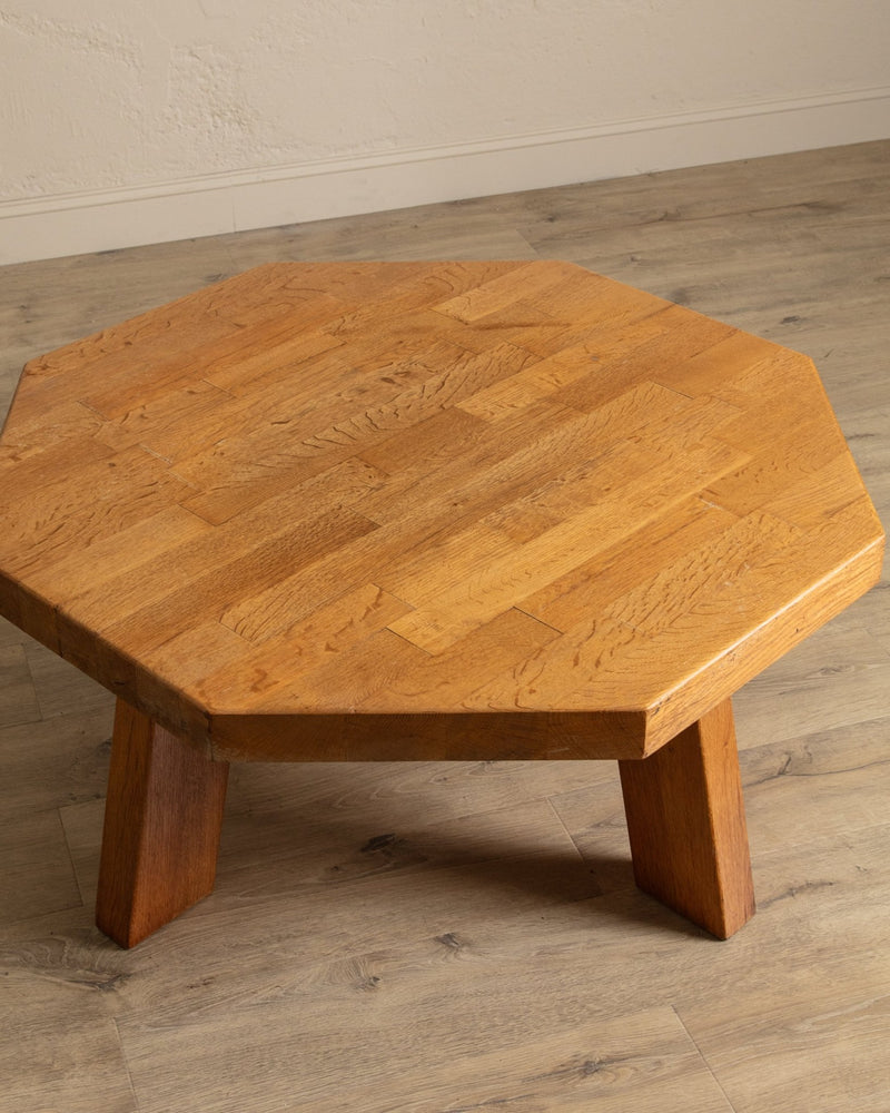 Large Brutalist Oak Octagonal Coffee Table w/ Slab Top, France, 1960's - Lone Fox