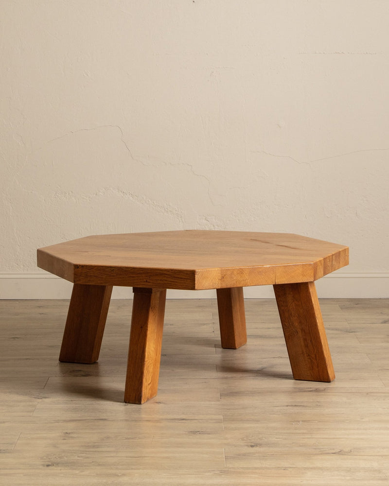 Large Brutalist Oak Octagonal Coffee Table w/ Slab Top, France, 1960's - Lone Fox