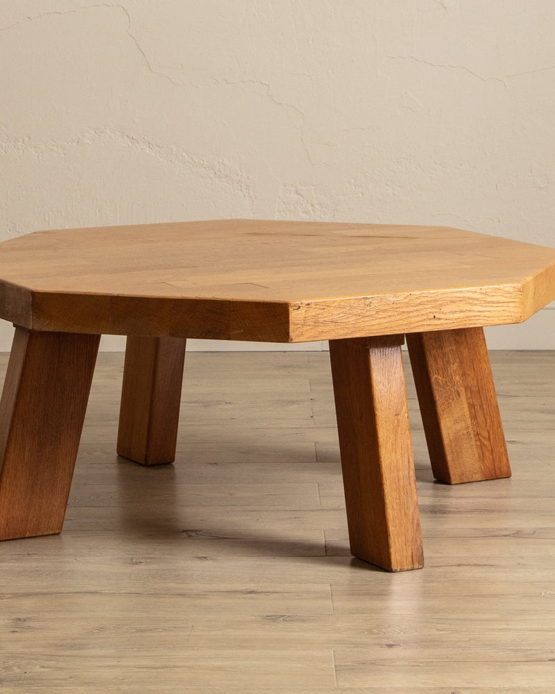 Large Brutalist Oak Octagonal Coffee Table w/ Slab Top, France, 1960's - Lone Fox