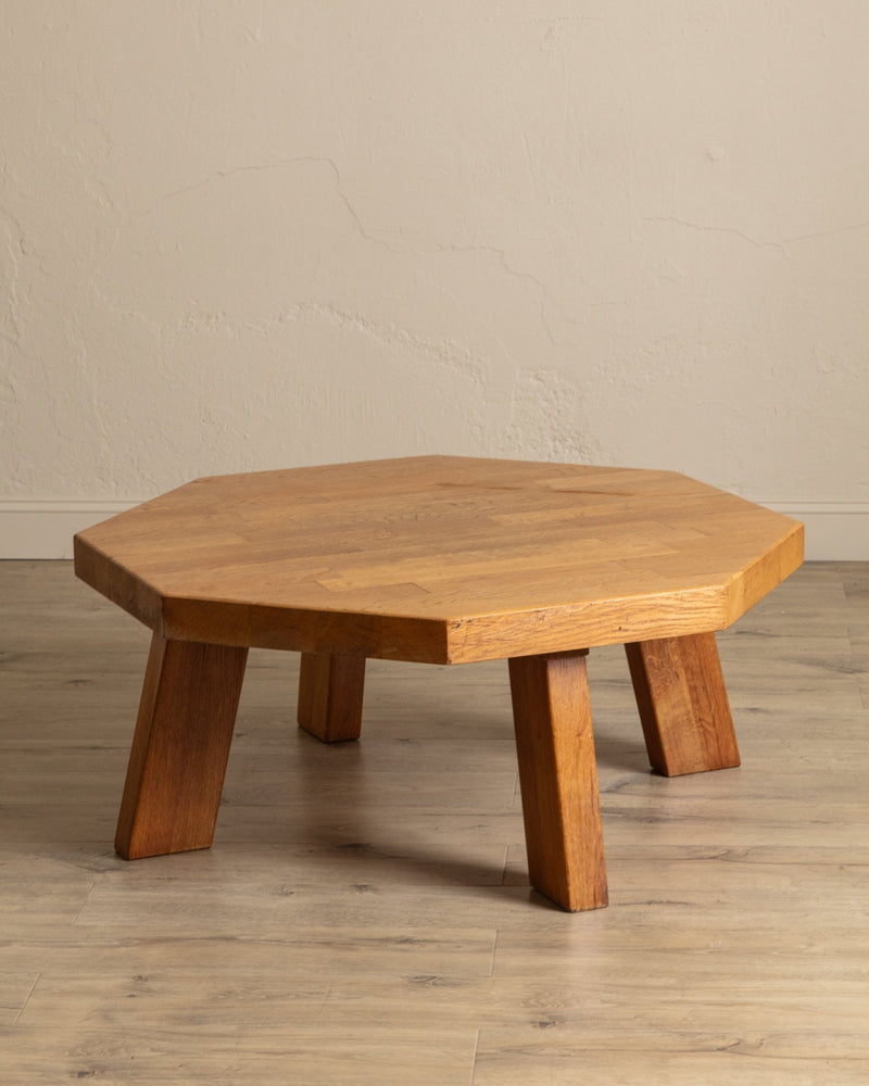 Large Brutalist Oak Octagonal Coffee Table w/ Slab Top, France, 1960's - Lone Fox