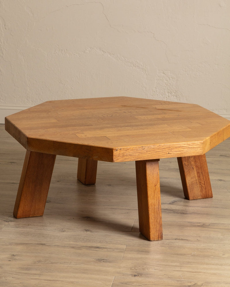 Large Brutalist Oak Octagonal Coffee Table w/ Slab Top, France, 1960's - Lone Fox
