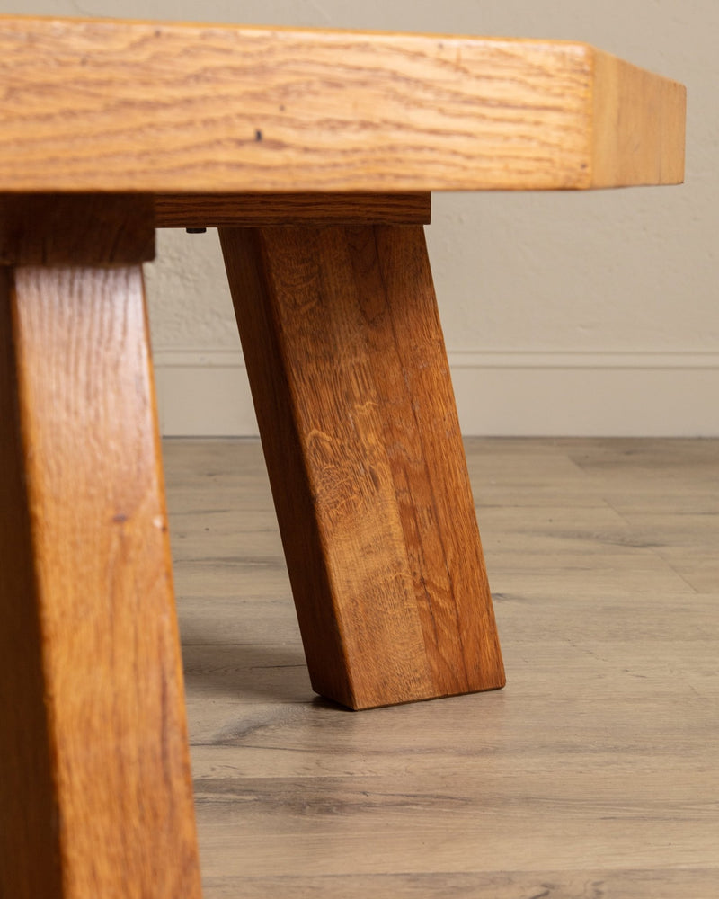 Large Brutalist Oak Octagonal Coffee Table w/ Slab Top, France, 1960's - Lone Fox