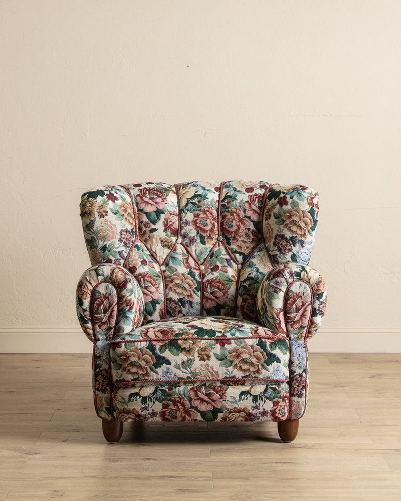 Large Danish Club Chair in Floral Tapestry, Denmark, 1940's - Lone Fox