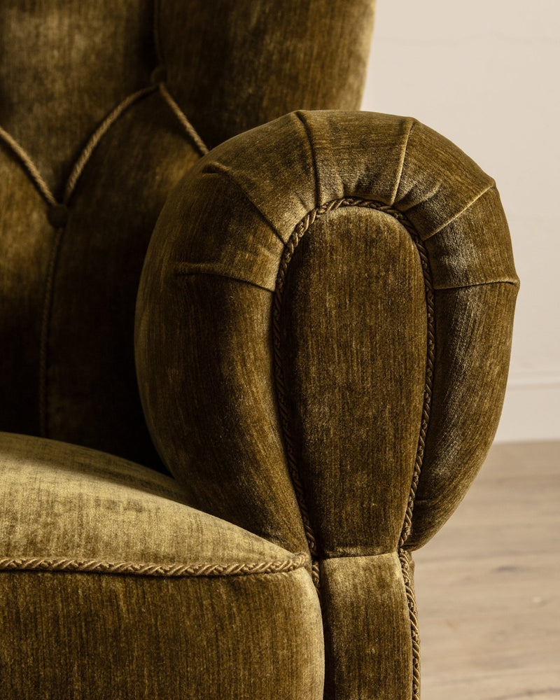 Large Danish Club Chair in Marbled Olive Velvet, Denmark, 1940's - Lone Fox