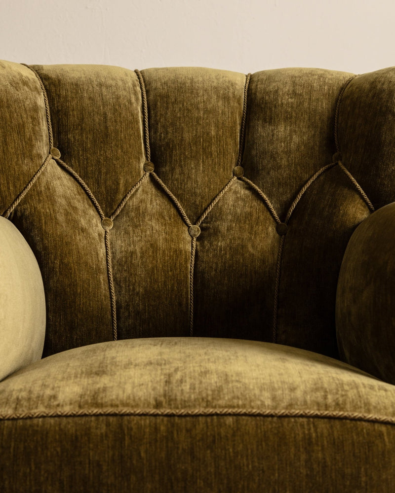 Large Danish Club Chair in Marbled Olive Velvet, Denmark, 1940's - Lone Fox