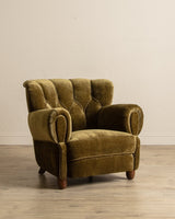 Large Danish Club Chair in Marbled Olive Velvet, Denmark, 1940's - Lone Fox