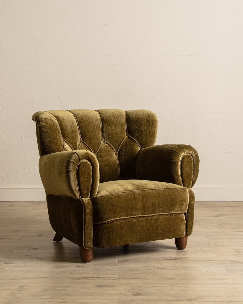 Large Danish Club Chair in Marbled Olive Velvet, Denmark, 1940's - Lone Fox