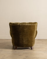 Large Danish Club Chair in Marbled Olive Velvet, Denmark, 1940's - Lone Fox