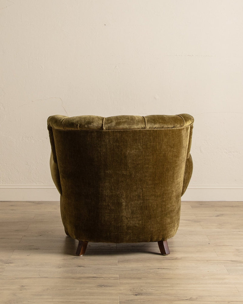 Large Danish Club Chair in Marbled Olive Velvet, Denmark, 1940's - Lone Fox