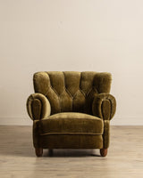 Large Danish Club Chair in Marbled Olive Velvet, Denmark, 1940's - Lone Fox