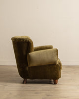 Large Danish Club Chair in Marbled Olive Velvet, Denmark, 1940's - Lone Fox