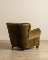 Large Danish Club Chair in Marbled Olive Velvet, Denmark, 1940's - Lone Fox