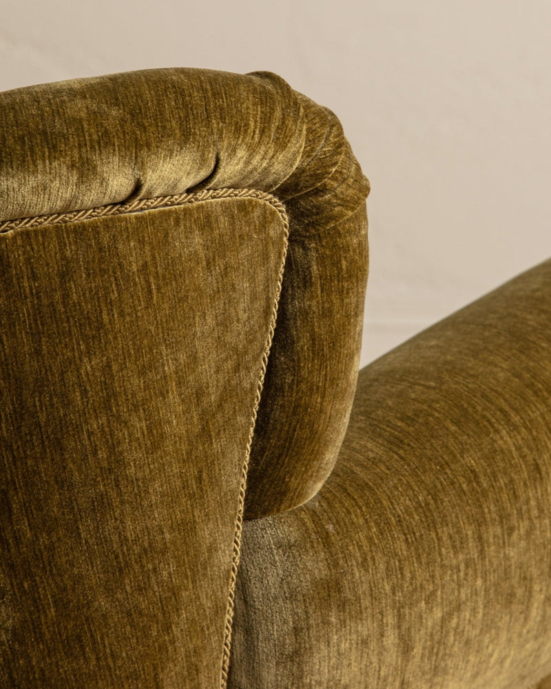 Large Danish Club Chair in Marbled Olive Velvet, Denmark, 1940's - Lone Fox