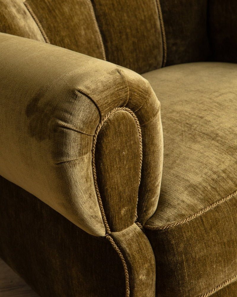 Large Danish Club Chair in Marbled Olive Velvet, Denmark, 1940's - Lone Fox