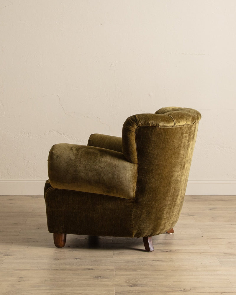 Large Danish Club Chair in Marbled Olive Velvet, Denmark, 1940's - Lone Fox