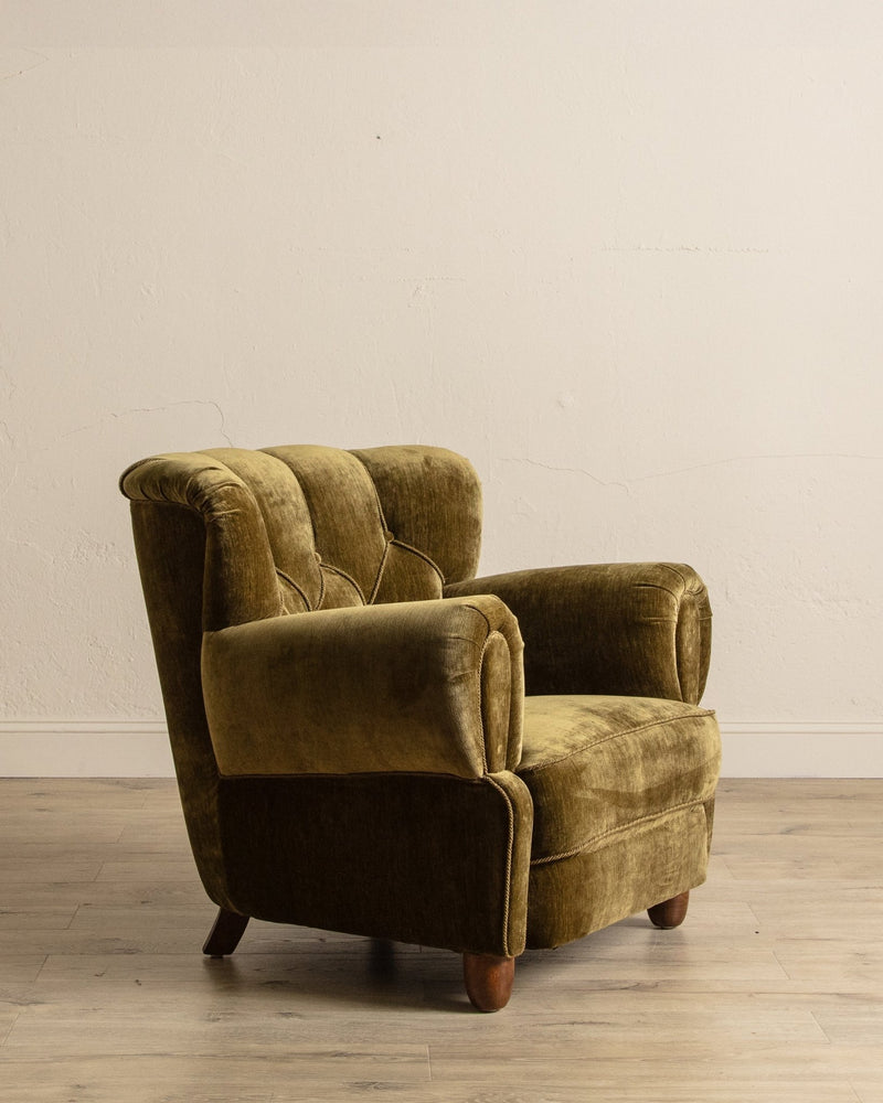 Large Danish Club Chair in Marbled Olive Velvet, Denmark, 1940's - Lone Fox