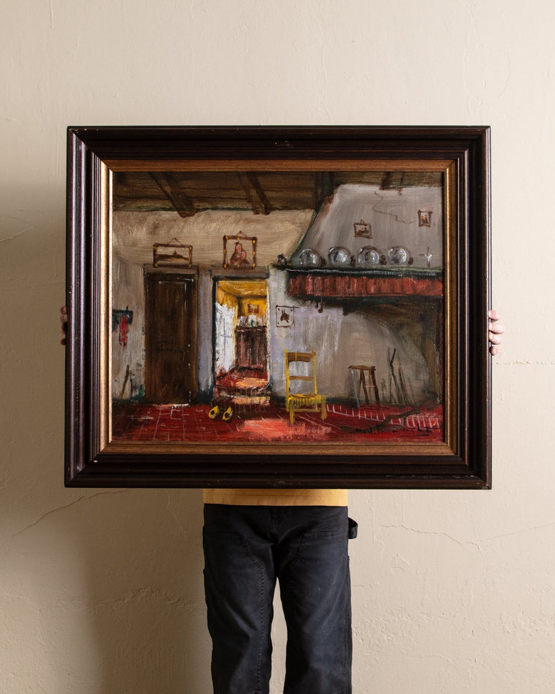 Large Farmhouse Interior Oil Painting by Henri Joseph Pauwels, Belgium, 1930's - Lone Fox