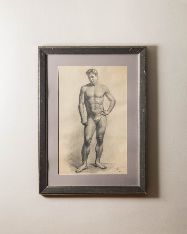 Large Framed Nude Male Pencil Sketch from 1953 - Lone Fox