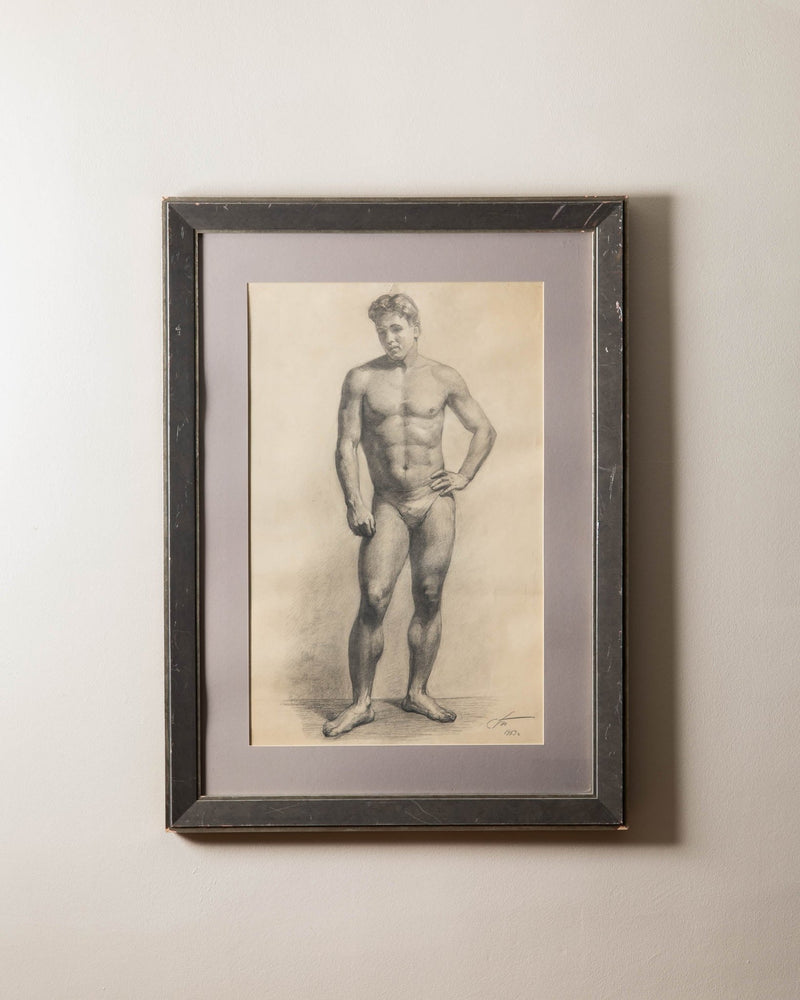 Large Framed Nude Male Pencil Sketch from 1953 - Lone Fox