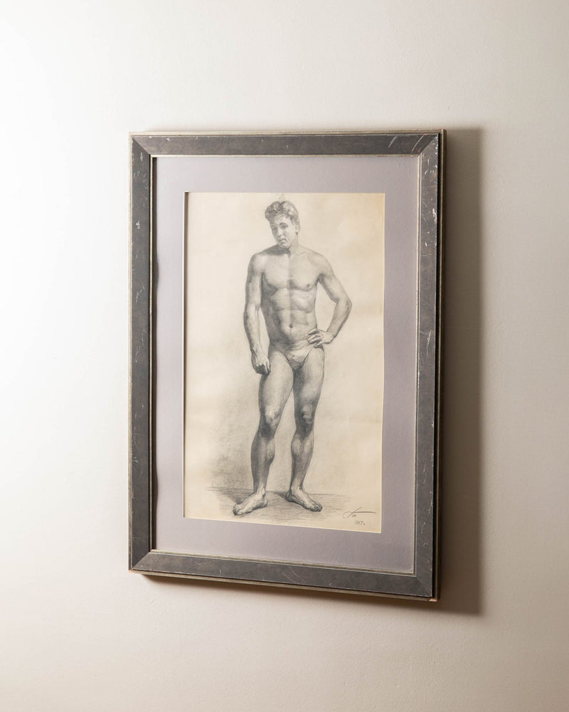 Large Framed Nude Male Pencil Sketch from 1953 - Lone Fox