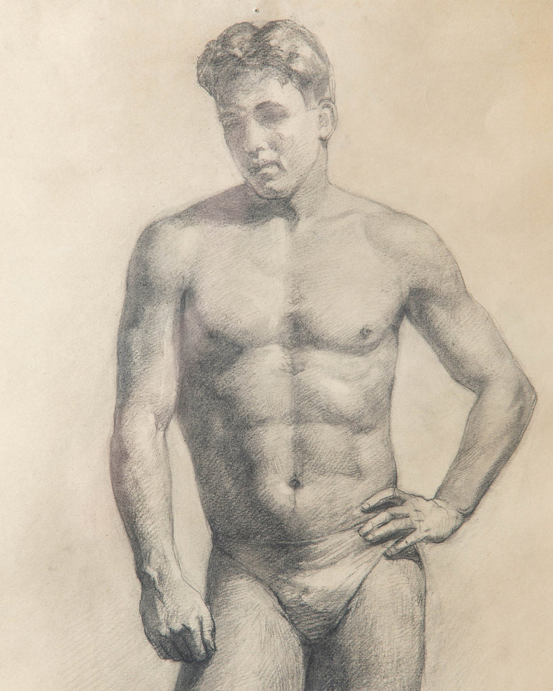 Large Framed Nude Male Pencil Sketch from 1953 - Lone Fox