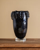 Large Hand Blow Murano Black Glass Leaf-Trim Vase 2, Italy, 2000's - Lone Fox
